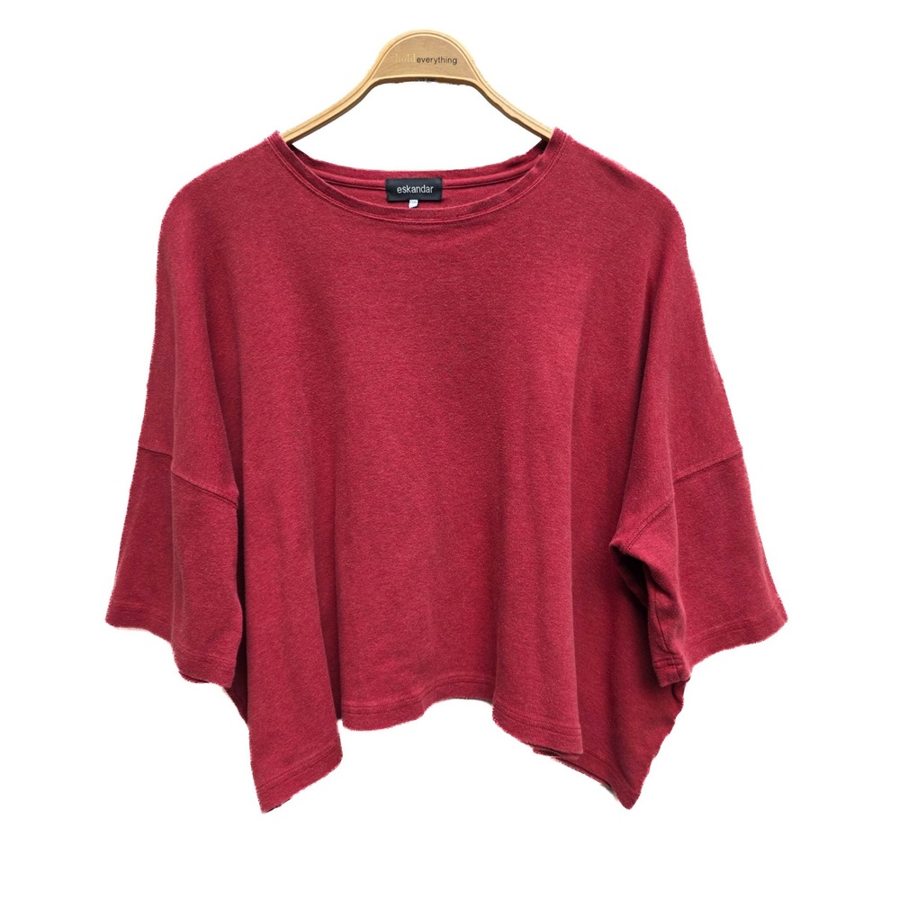 Eskandar Oversized Boxy Pima Cotton Maroon Crew Neck Short Sleeve Top Lagenlook